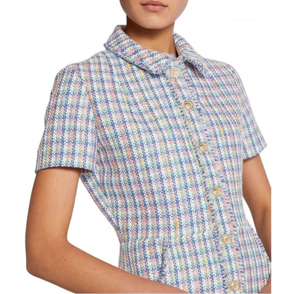 Maje Renizam Blue Metallic Multicolor Tweed Embossed Button Short Sleeve Dress - Picture 6 of 8